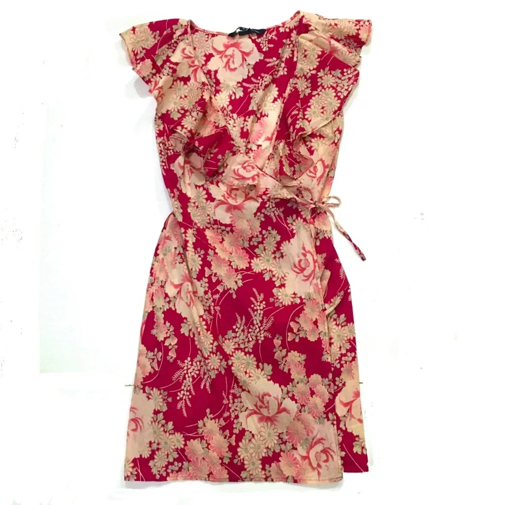 🌹HP🌹Retro Floral Rose Print Ruffled Wrap Dress / Long Vest Cover up - Picture 1 of 6